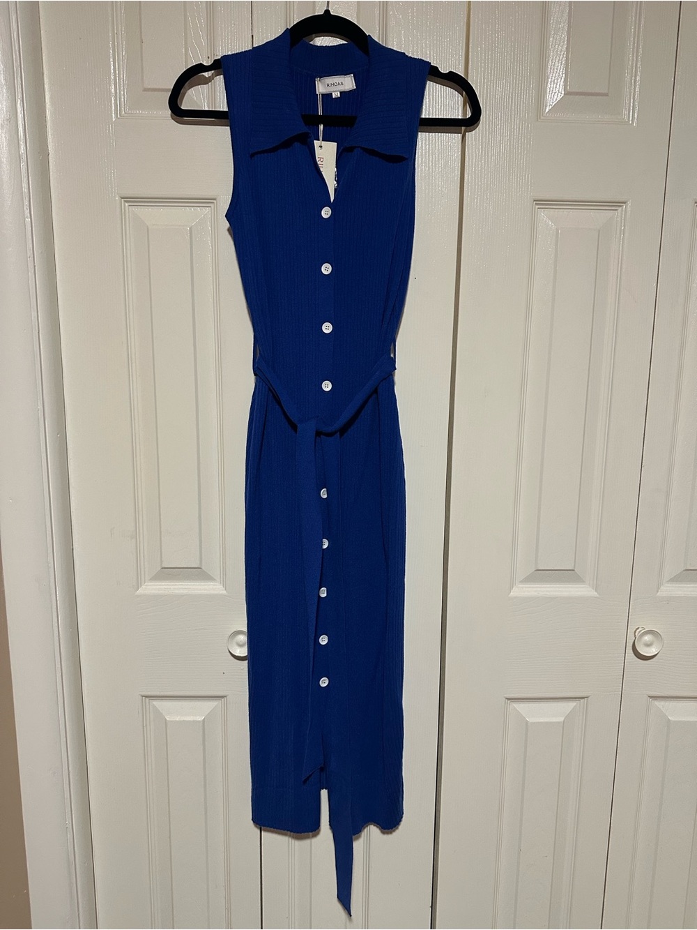 RIHOAS Royal Blue Sleeveless Button-Front Midi Dress with Tie Waist